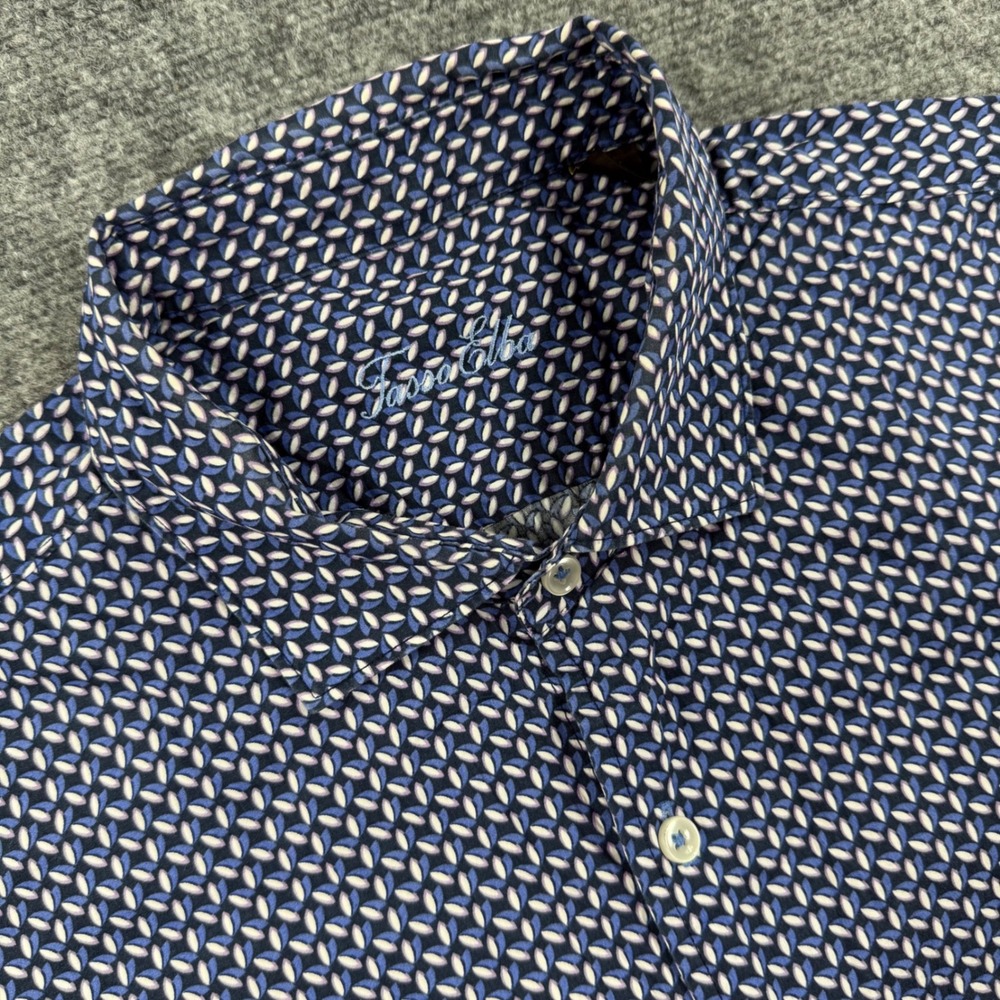 Tasso Elba Button Up Shirt XXL Blue Geometric Print Short Sleeve Men's